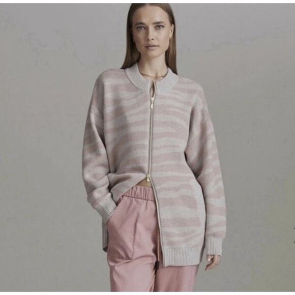 Varley Mayberry Zip Up Sweater Pink Blush Zebra Print Merino Wool Size Medium - Picture 1 of 9
